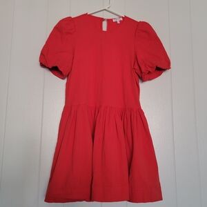 TCEC Red Short Puff Sleeve Dress w/ Pockets Drop Waist Cotton Poplin Crisp SM